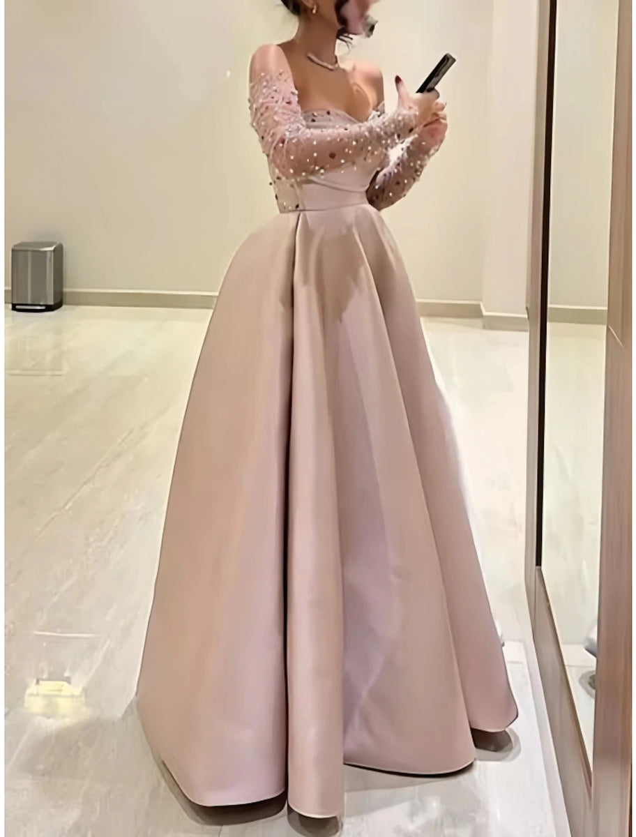A-Line/Princess One-Shoulder Long Sleeves Floor-Length Plus Size Evening Dresses main image 0