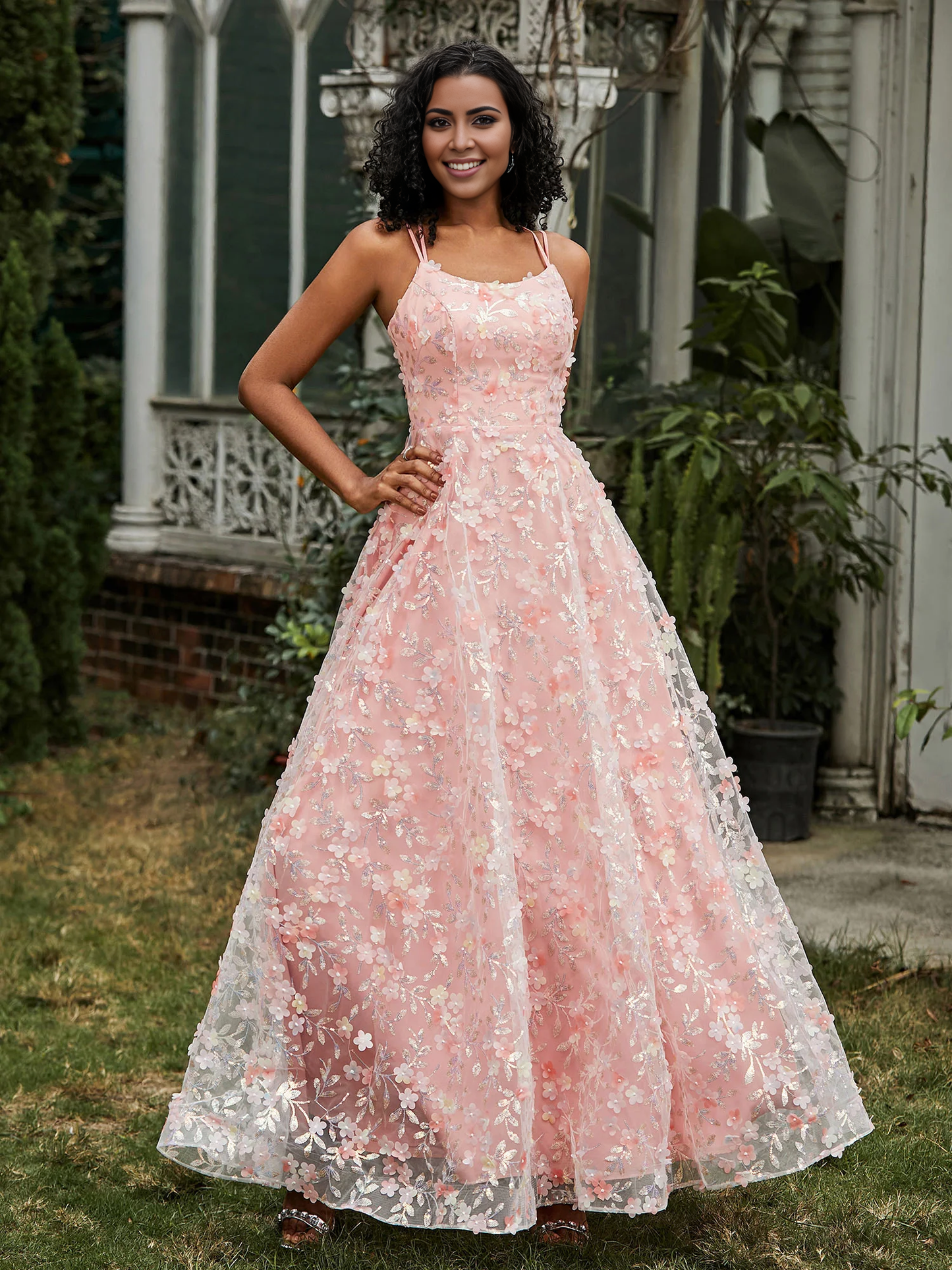 Thin shoulder strap tied floral decal Prom dress