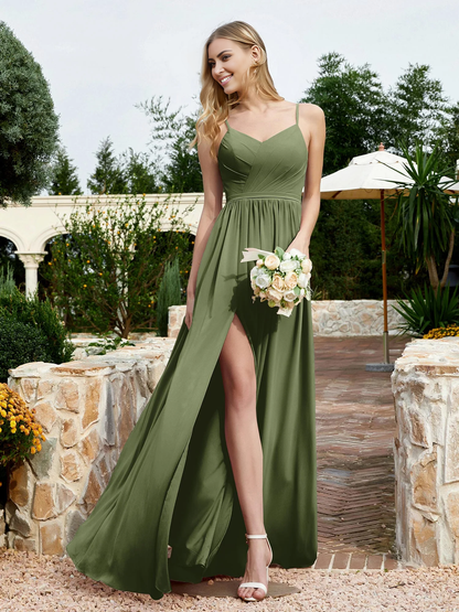 V-neck slim shoulder strap slit bridesmaid dress