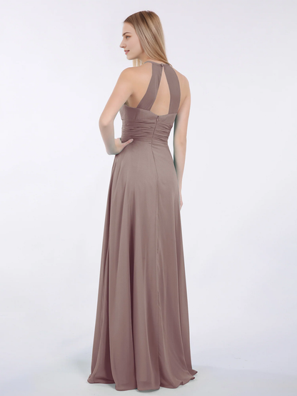 Hanging neck chiffon extra long bridesmaid dress