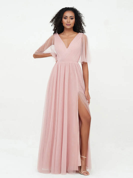 A-line V-neck chiffon Max deep V-back dress