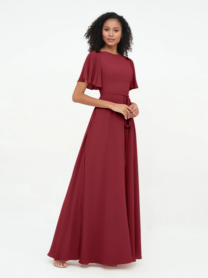 Bow fluttering sleeves chiffon bridesmaid dress