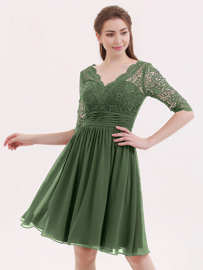 Lace chiffon five quarter sleeve short dress