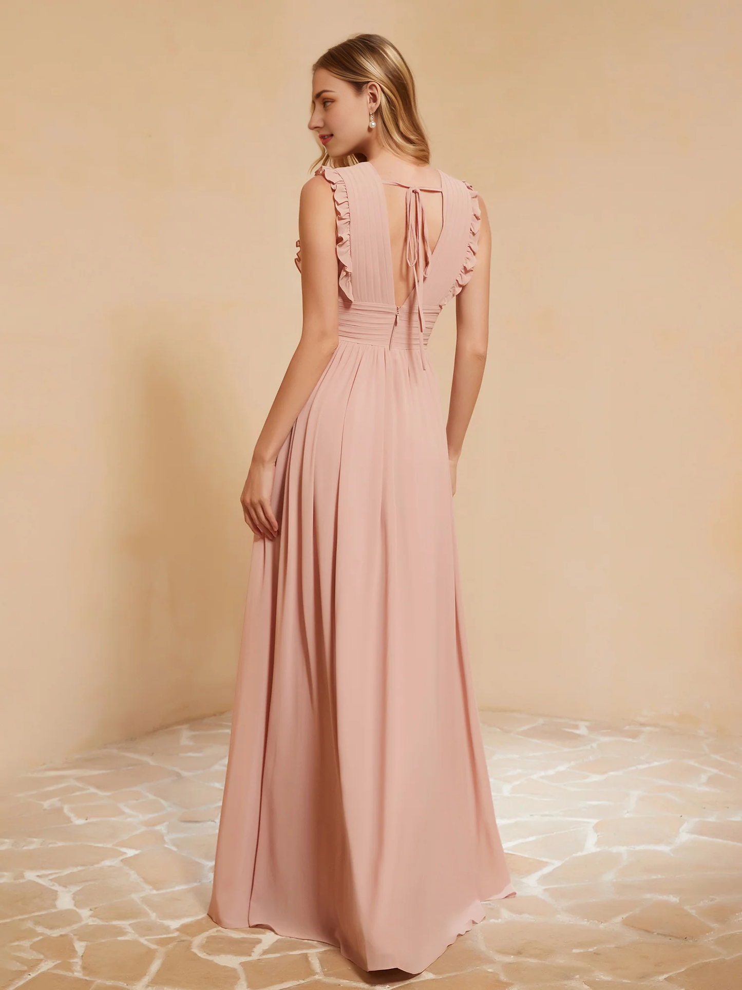 Deep V-neck ruffled pleated bridesmaid dress