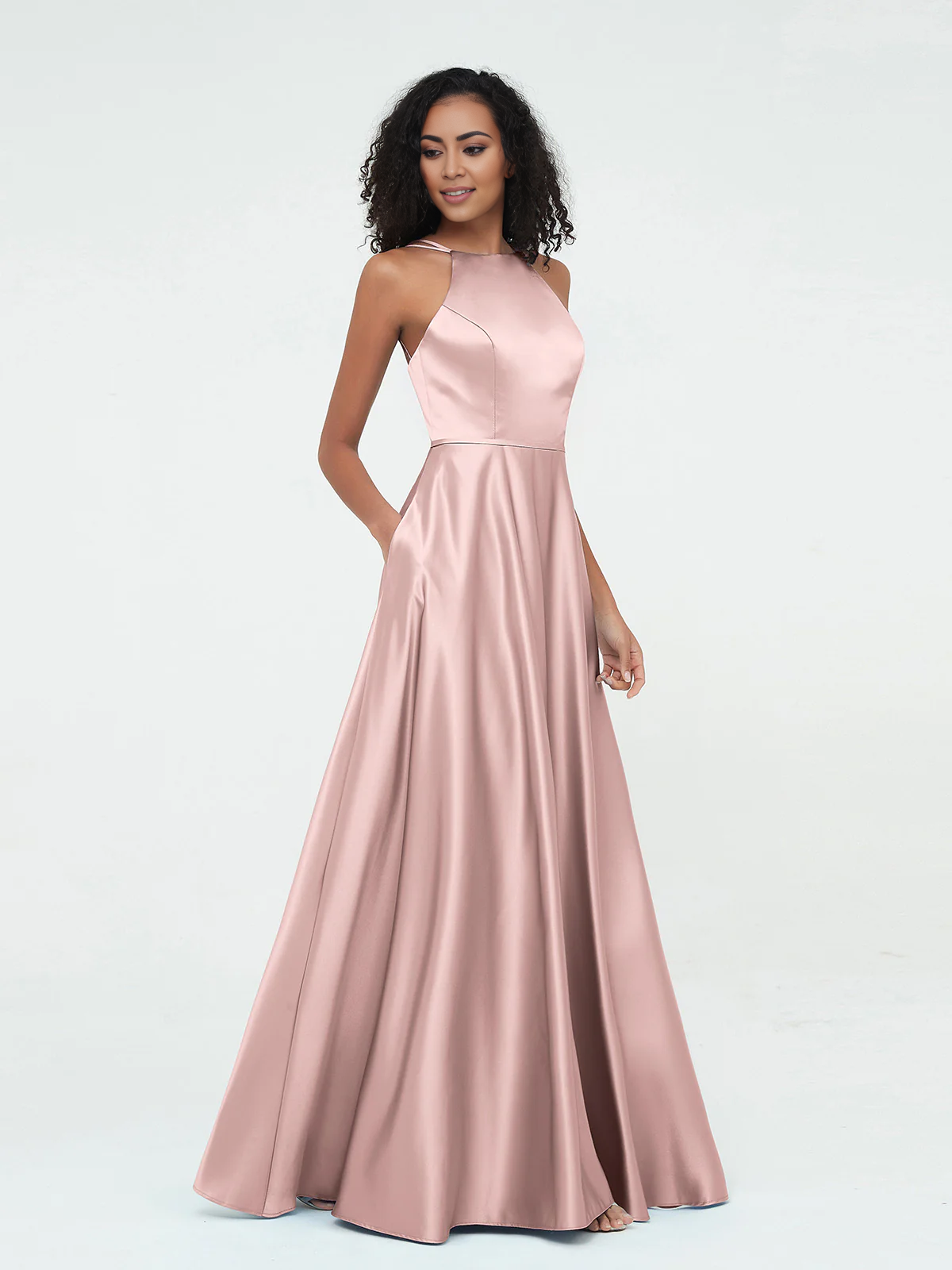 A-line hanging neck large pocket satin dress