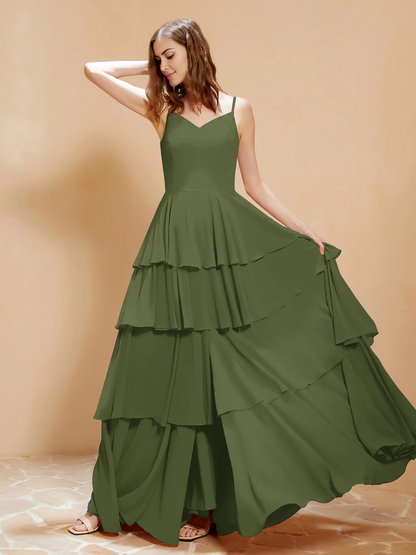 Bohemian style V-neck and floor length skirt with flowing ruffle edge bridesmaid dress