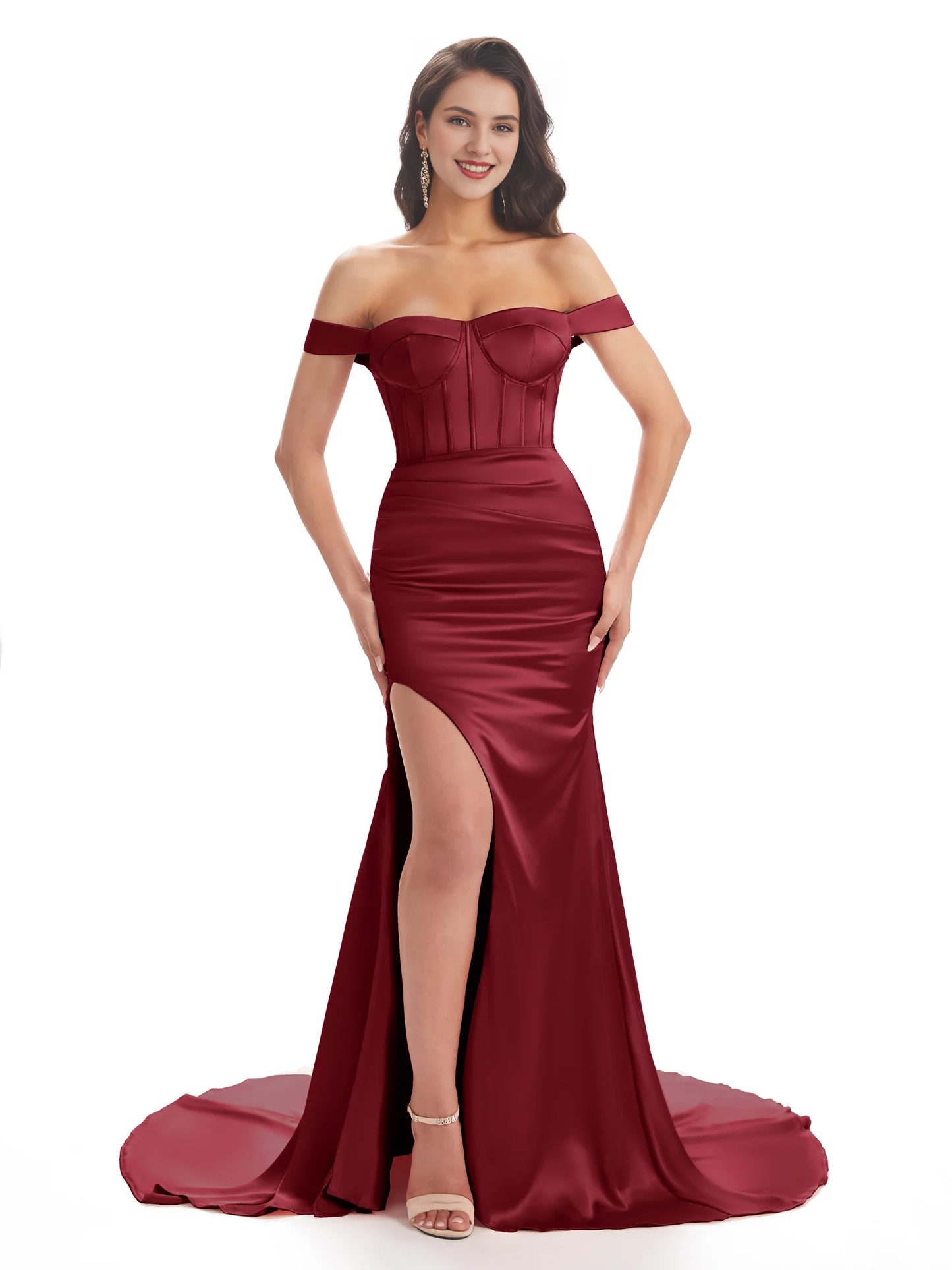 Unique side slit soft satin off shoulder long fish tail bridesmaid dress