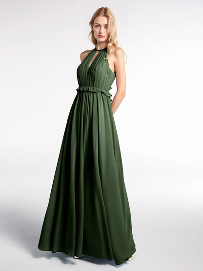 Keyhole collar backless chiffon long dress