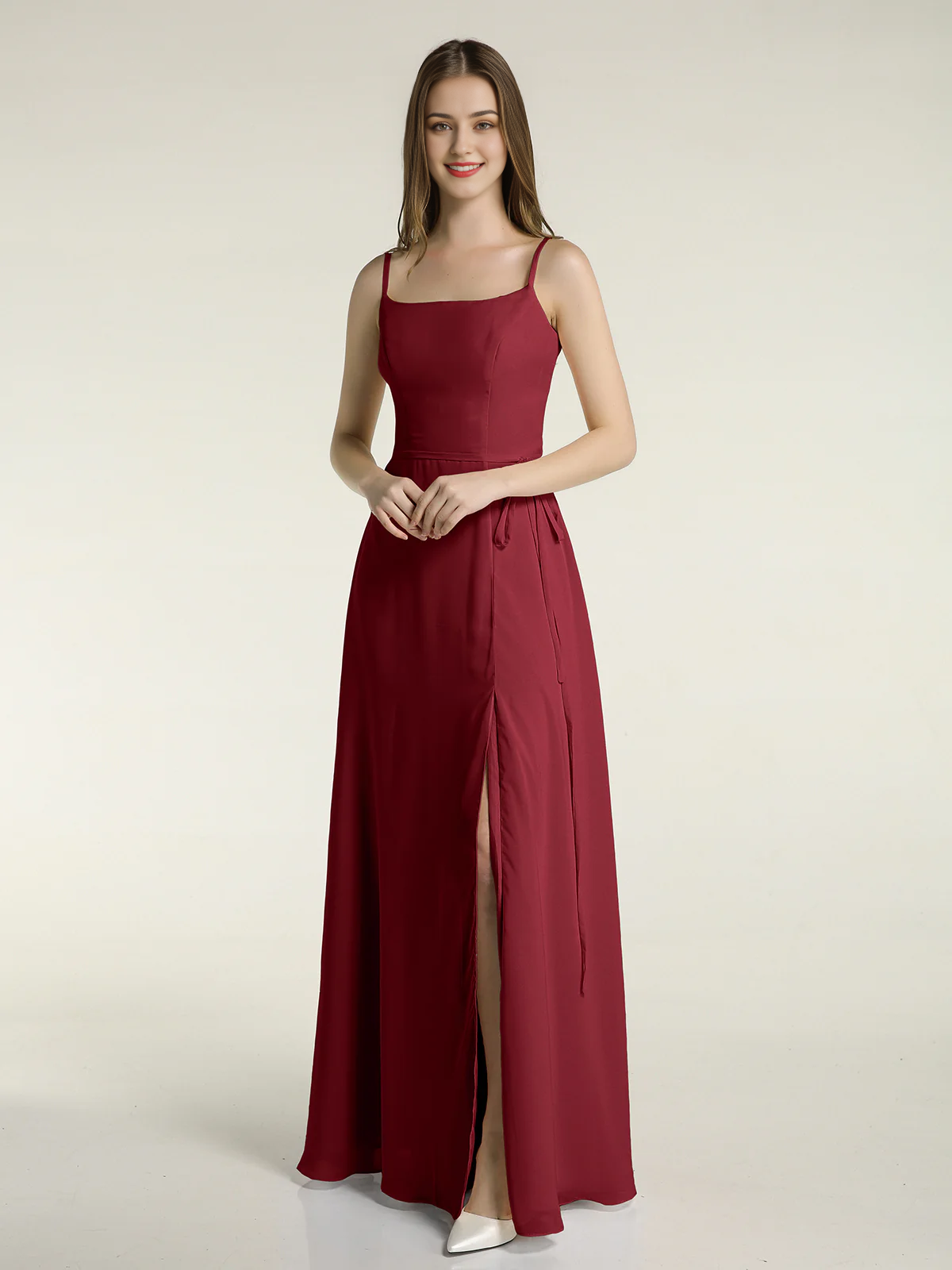 Simple slim shoulder strap slit chiffon dress