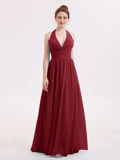 Hanging neck V-neck chiffon bridesmaid dress