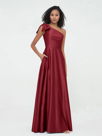 Pocket one shoulder long satin bridesmaid dress