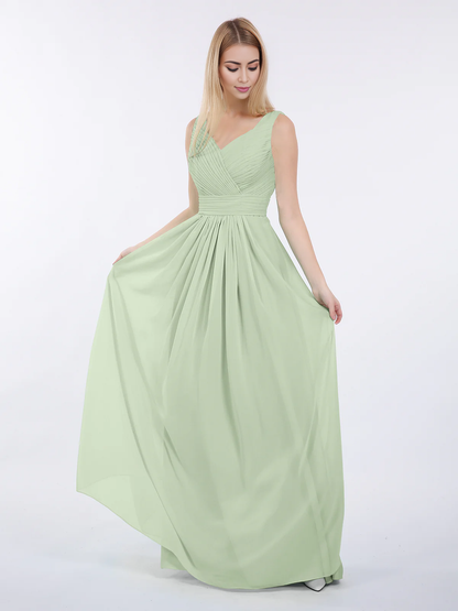 V-neck full-length chiffon pleated dress