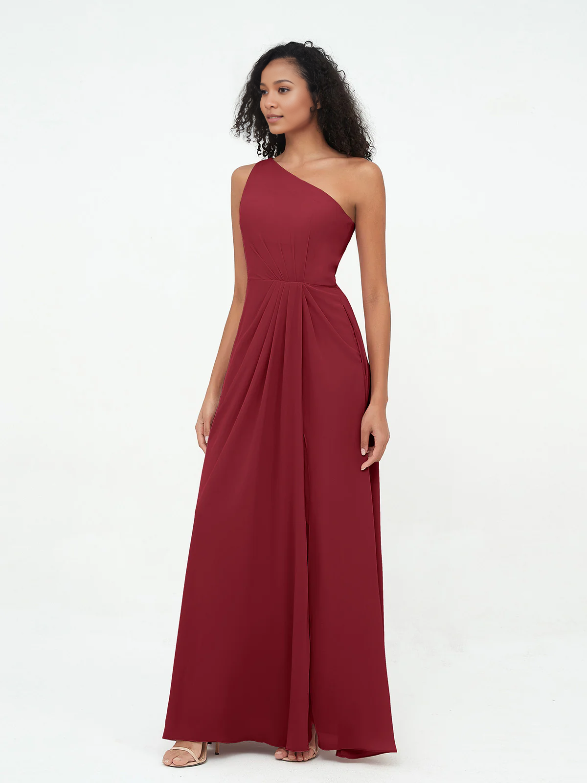 Split grey rose one shoulder chiffon bridesmaid dress