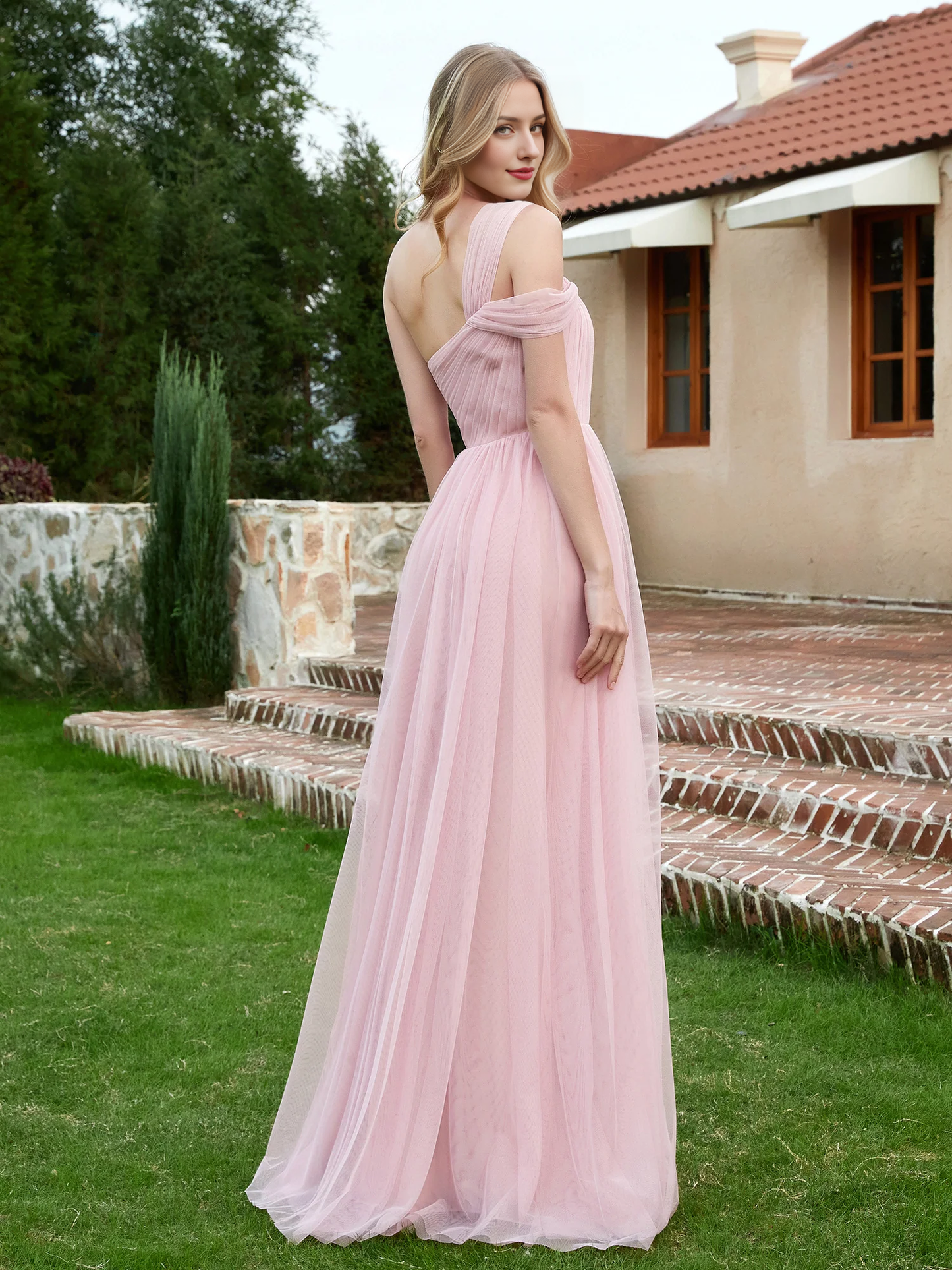 One shoulder chiffon long bridesmaid dress