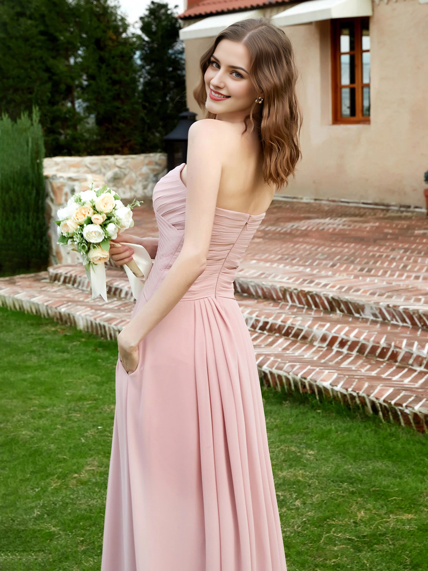 Strapless sweetheart collar chiffon bridesmaid dress