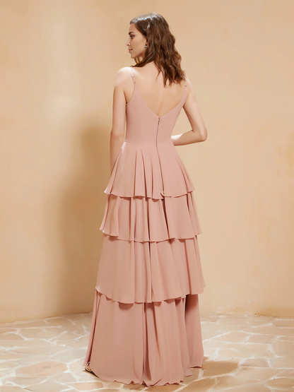 Bohemian style V-neck and floor length skirt with flowing ruffle edge bridesmaid dress