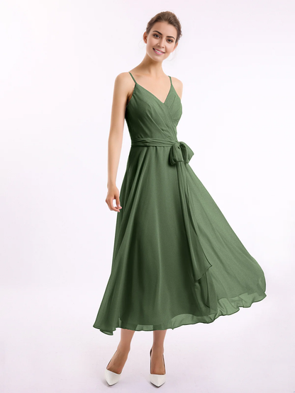 Belt bow thin shoulder strap long dress