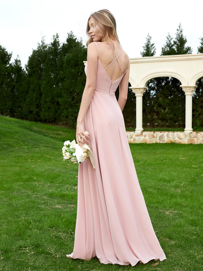 Ground length V-neck chiffon bridesmaid dress