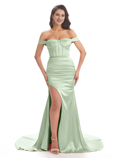 Unique side slit soft satin off shoulder long fish tail bridesmaid dress