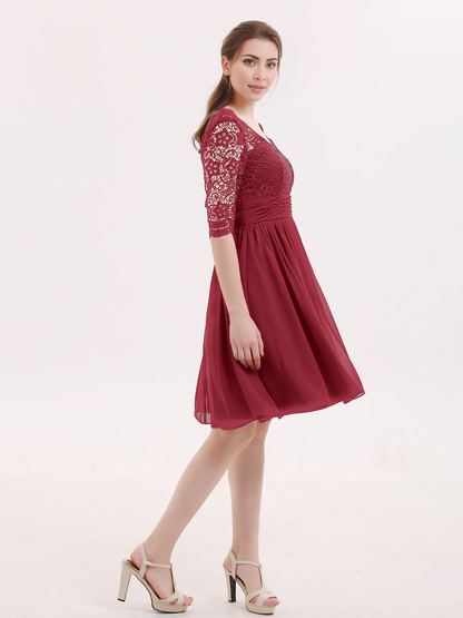 Lace chiffon five quarter sleeve short dress