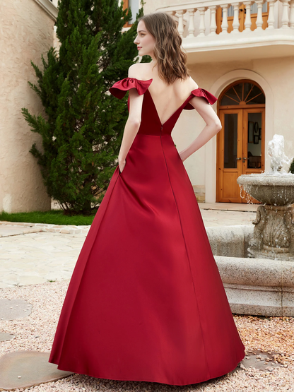 Pocket off shoulder satin bridesmaid dress