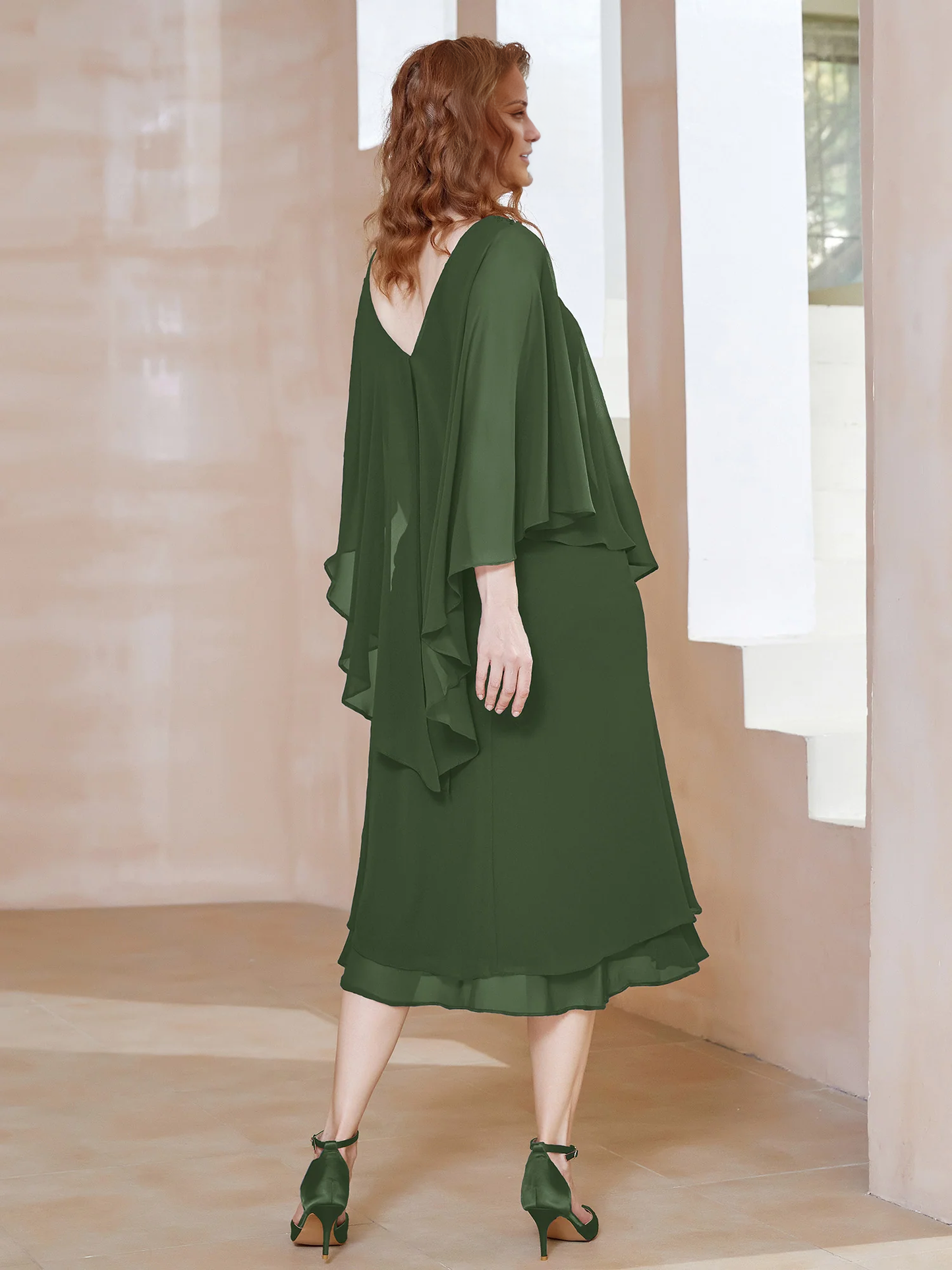 Chiffon V-neck ruffle sleeves mother of the bride dress