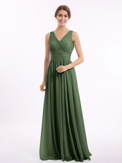 V-neck and floor chiffon dress