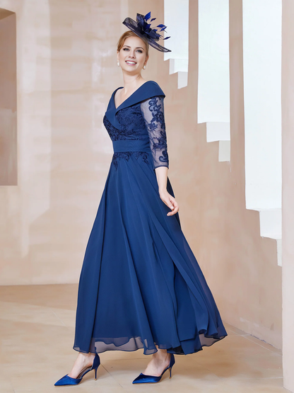 A-shaped V-neck applique chiffon mother of the bride dress