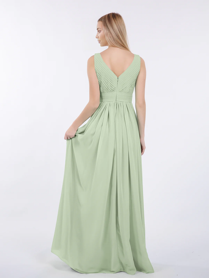 V-neck full-length chiffon pleated dress