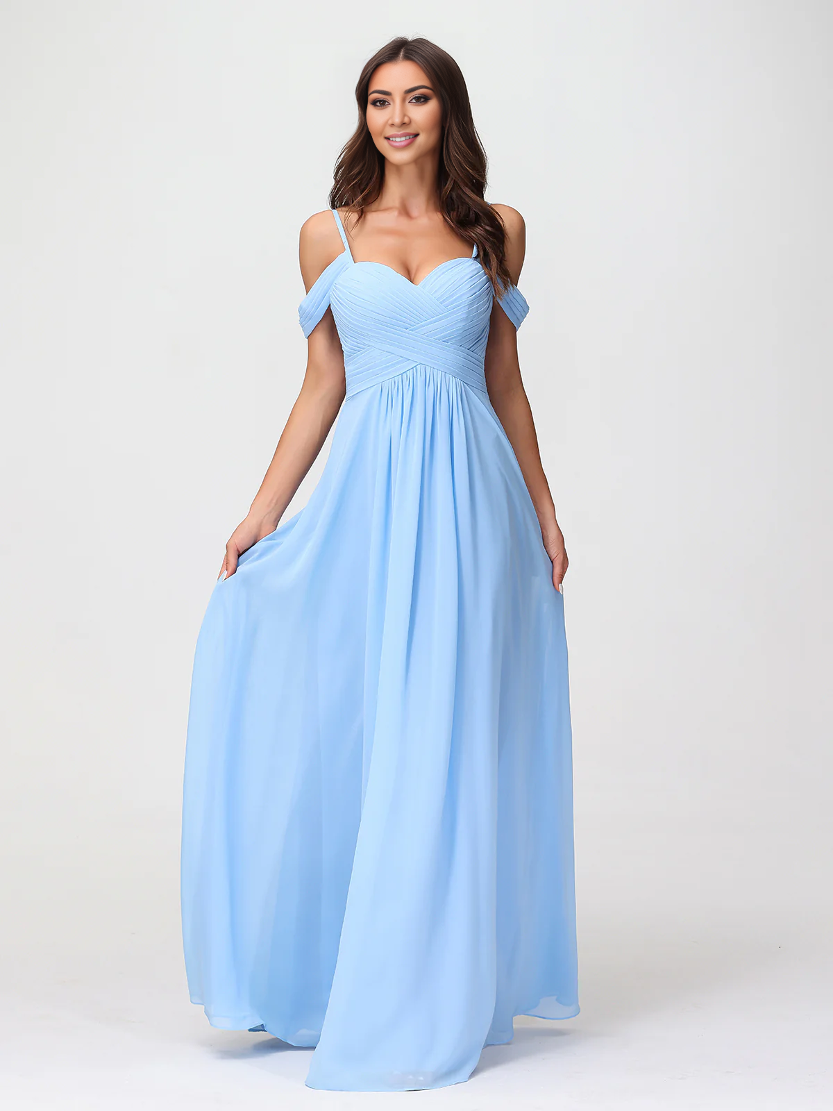 Off shoulder thin shoulder strap chiffon dress