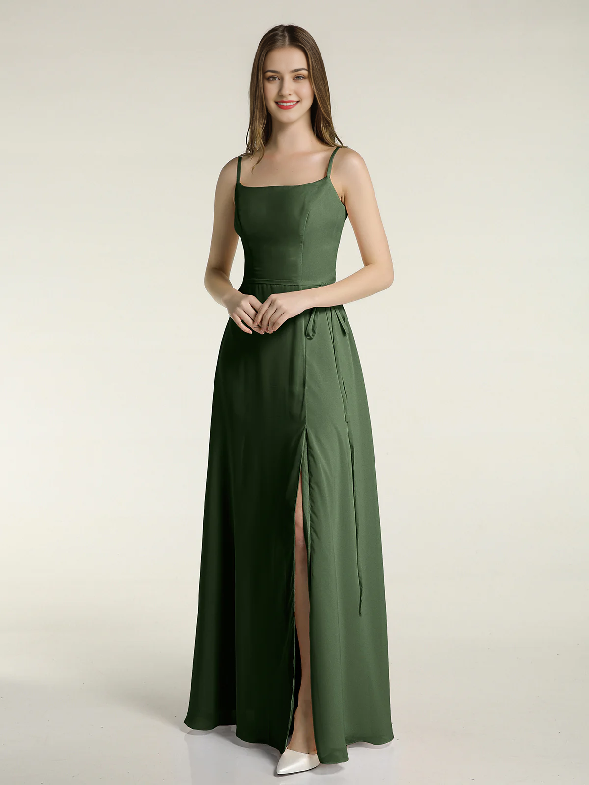 Simple slim shoulder strap slit chiffon dress