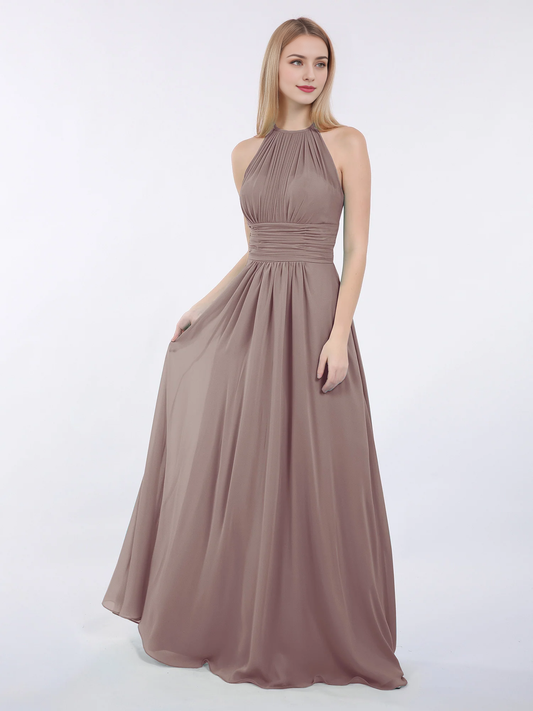 Hanging neck chiffon extra long bridesmaid dress