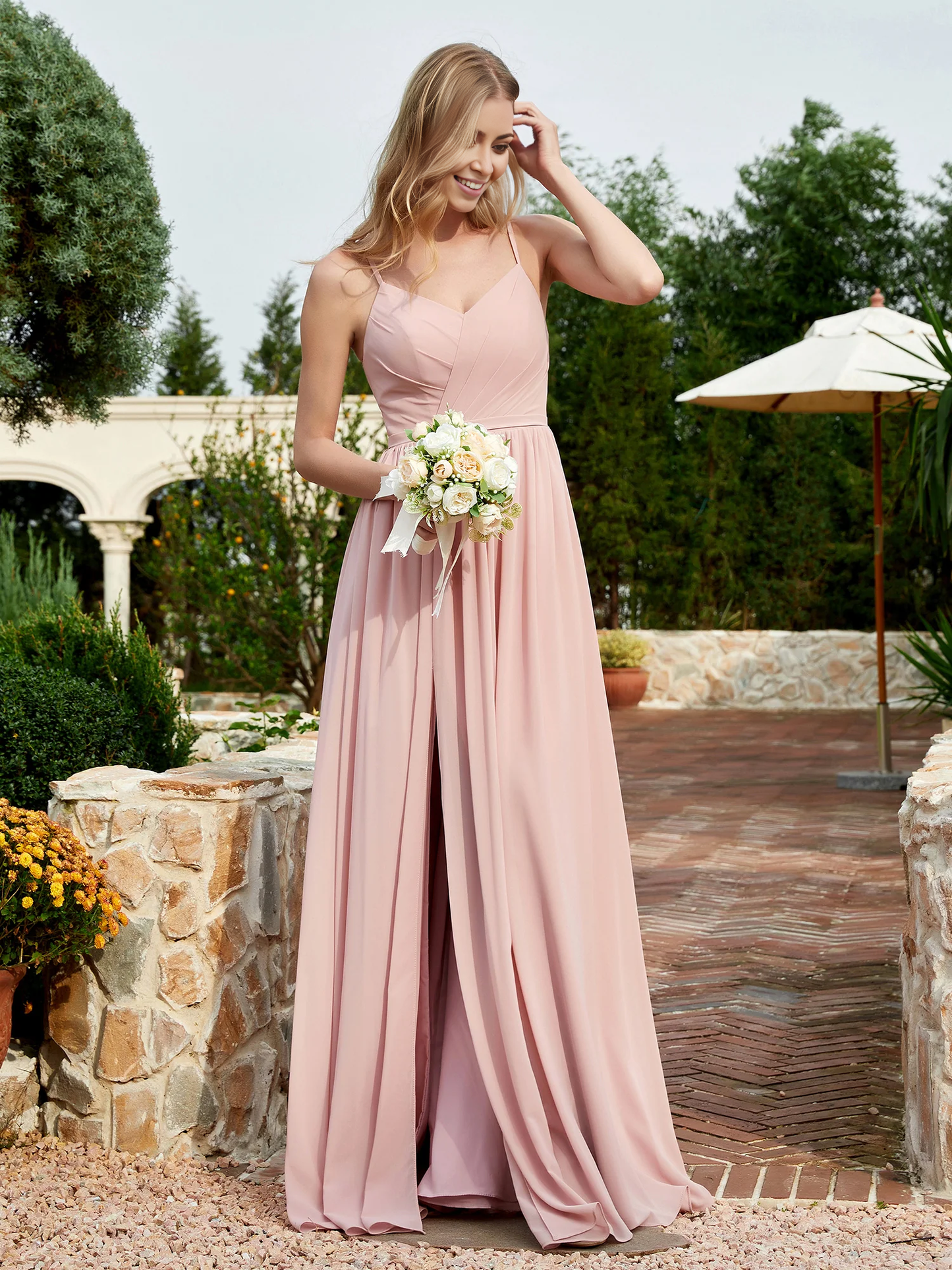 V-neck slim shoulder strap slit bridesmaid dress