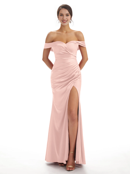 Sexy side slit shoulder fishtail soft satin bridesmaid dress