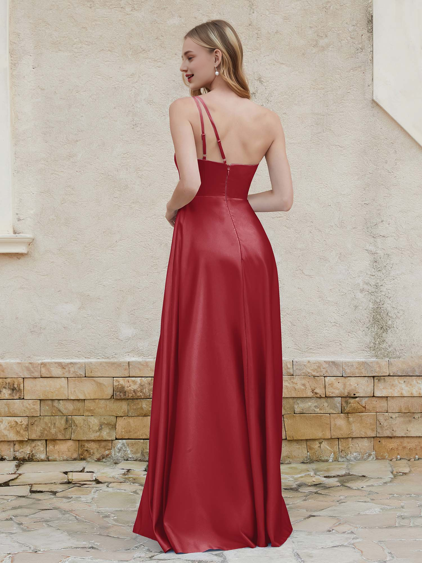 One shoulder satin dress with pocket bridesmaid dress