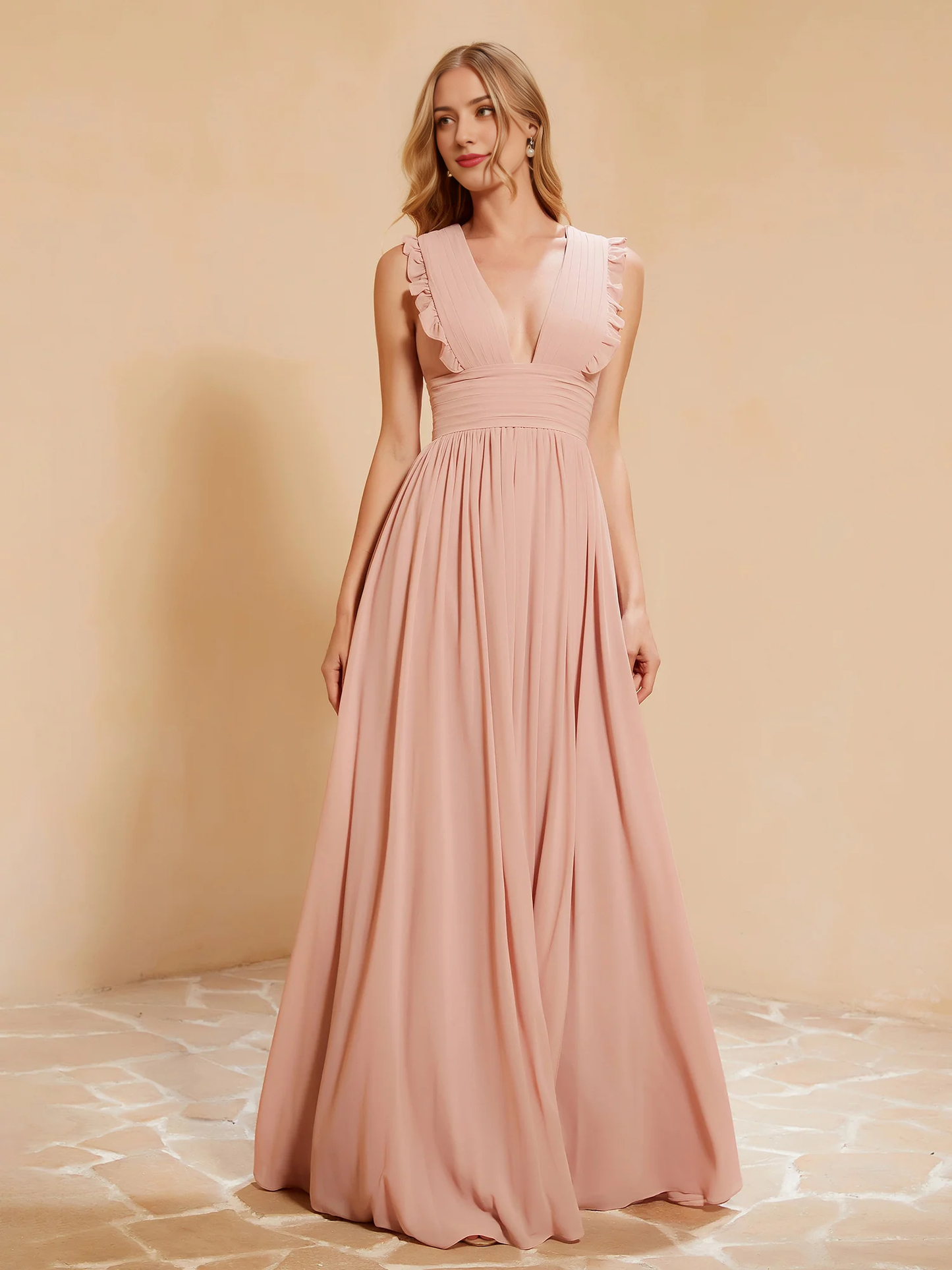 Deep V-neck ruffled pleated bridesmaid dress