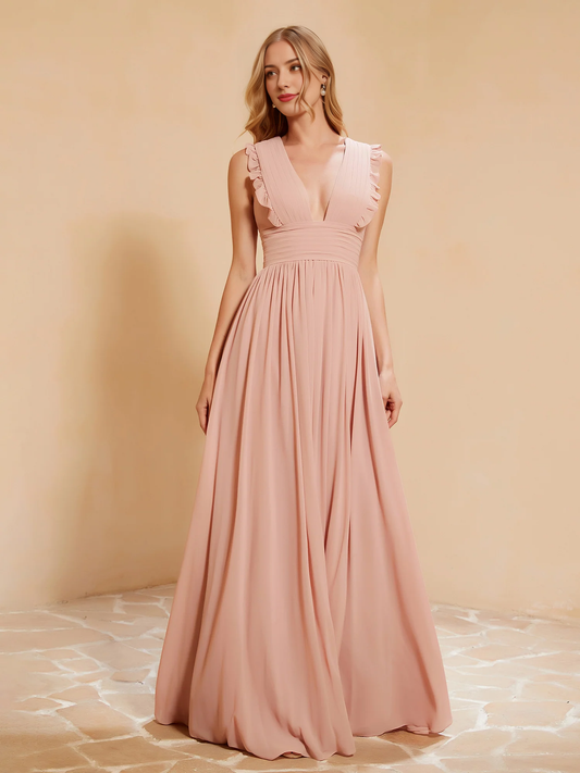 Deep V-neck ruffled pleated bridesmaid dress