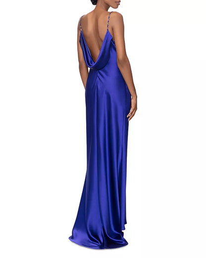 Satin hood with backless thin shoulder straps and floor length evening dress