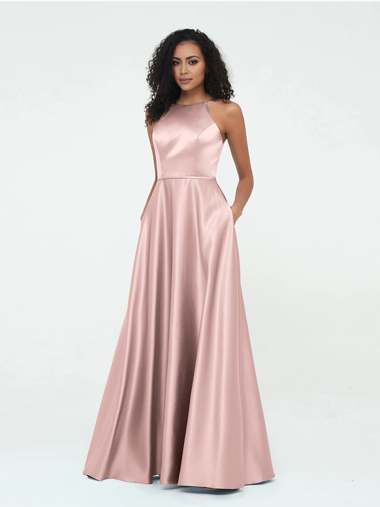 A-line hanging neck large pocket satin dress