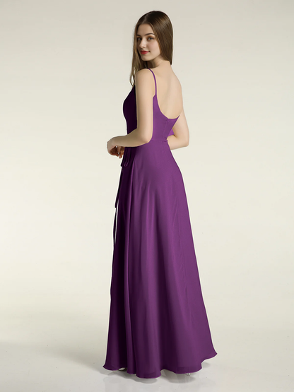 Simple slim shoulder strap slit chiffon dress