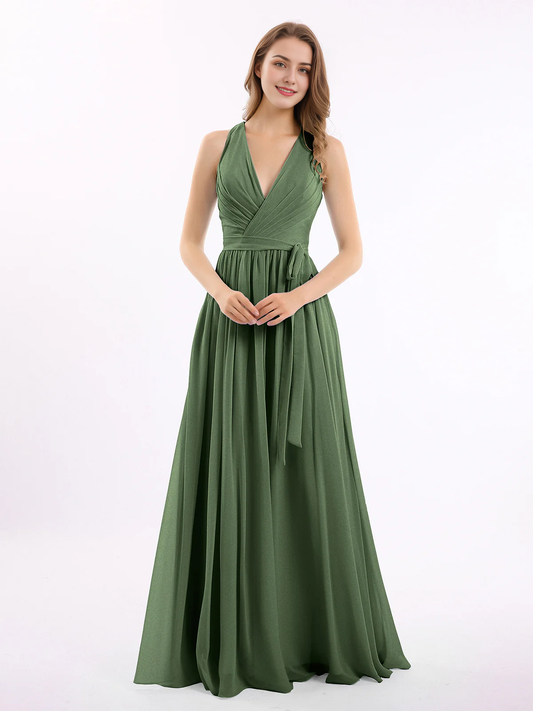 Deep V-neck belt bow chiffon dress