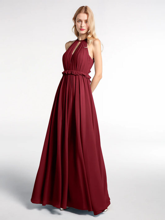 Keyhole collar backless chiffon long dress