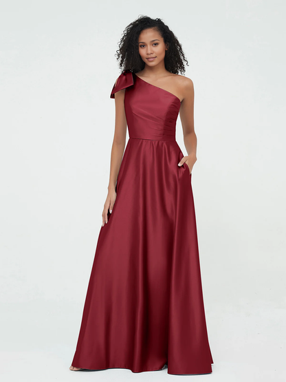 Pocket one shoulder long satin bridesmaid dress