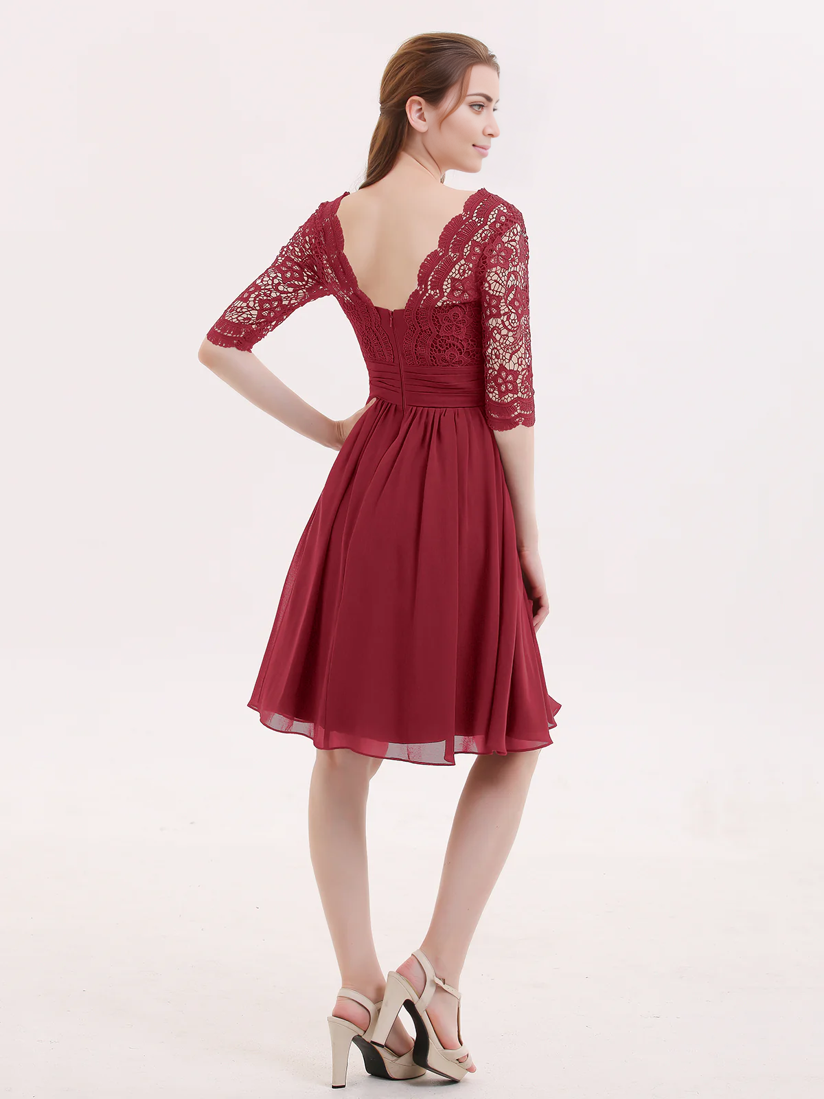 Lace chiffon five quarter sleeve short dress