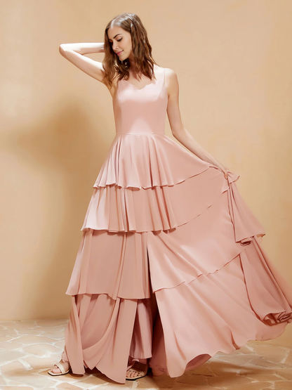 Bohemian style V-neck and floor length skirt with flowing ruffle edge bridesmaid dress