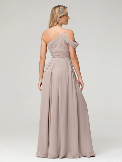 One shoulder chiffon long bridesmaid dress