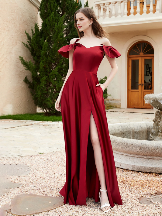 Pocket off shoulder satin bridesmaid dress