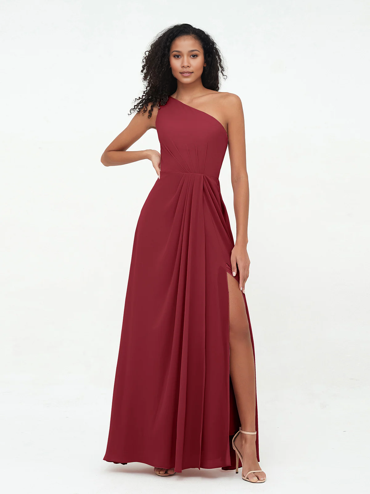 Split grey rose one shoulder chiffon bridesmaid dress