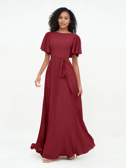 Bow fluttering sleeves chiffon bridesmaid dress