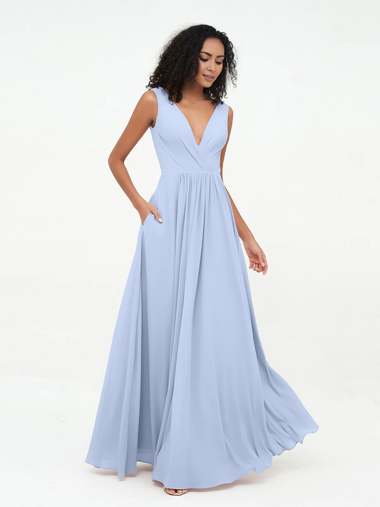 V-neck chiffon long pocket dress